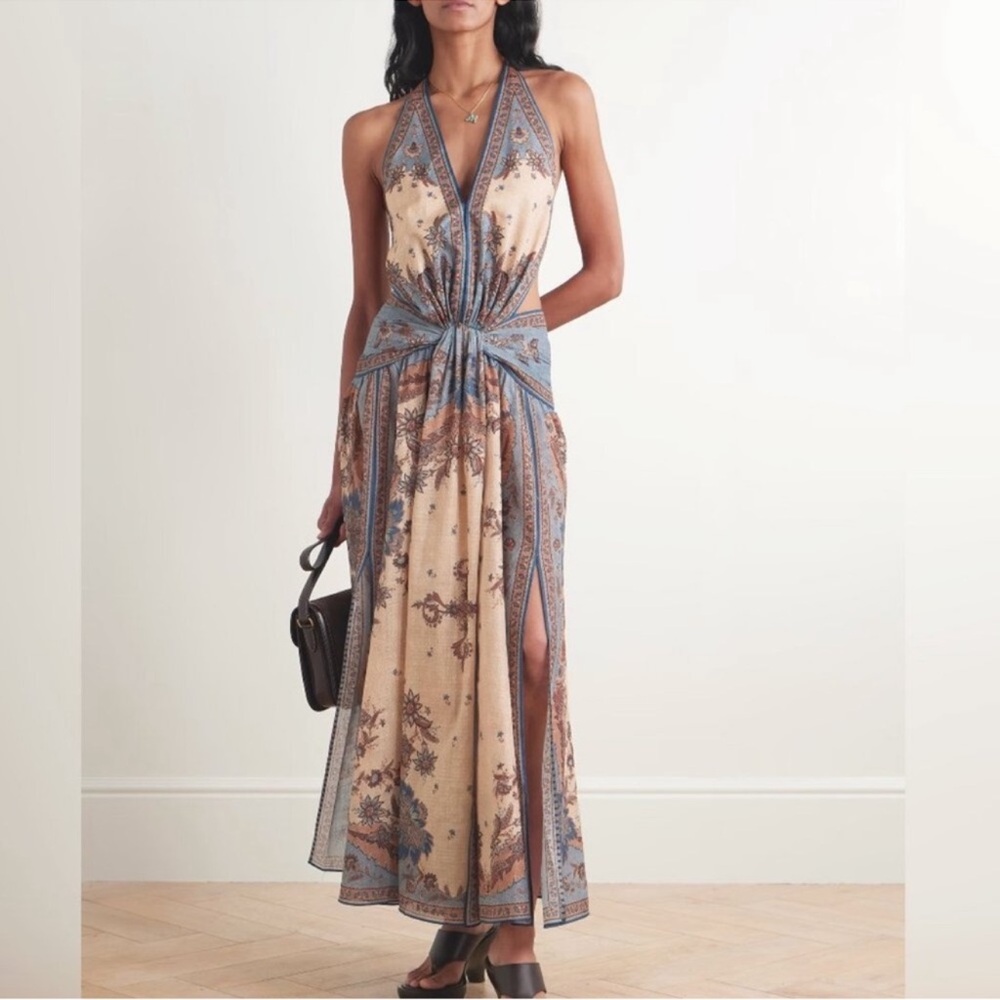NWOT Zimmermann Beige and Blue Paisley Halter Tie-Waist Maxi Dress - Picture 4 of 12